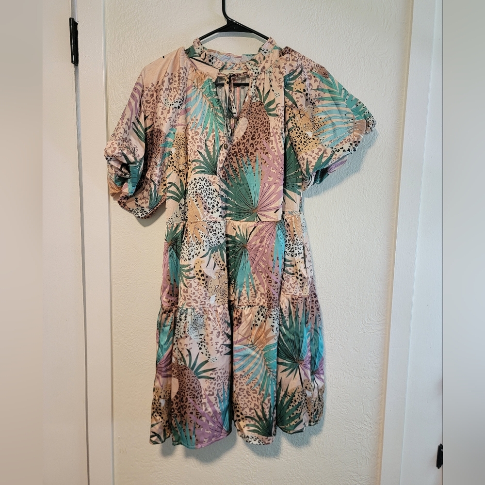 entro Tropical Print Short Dress in Teal, Lavender, Beige
